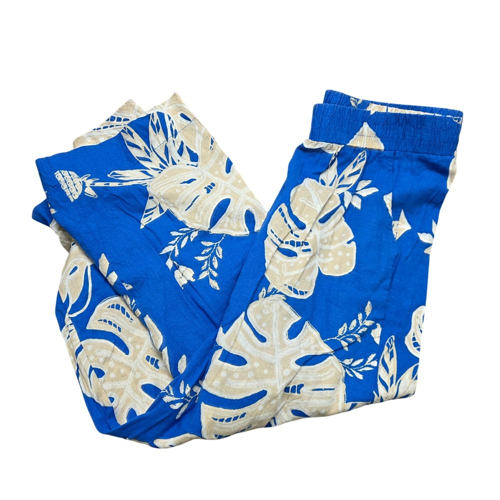 Rachel Zoe Blue Tropical Monstera Leaf Print Linen Capri Pants Womens Large